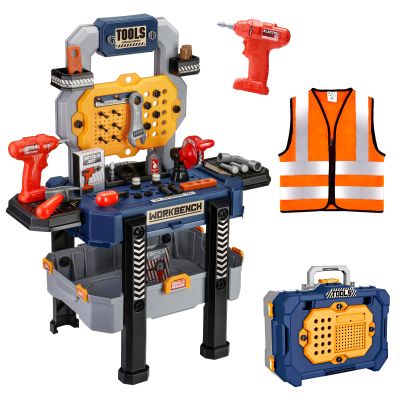 Deejoy Kids Bench with Realistic Tools & Electric Drill, 79 Pcs Realistic Toy Tools with Clothes, Toddler Learning Gift for Boys & Girls Age 3-5 (Blue) 32x26.6x14.4 in