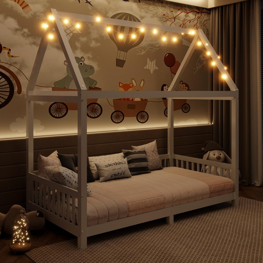 NCKMYB Eye-catching Design Twin Size House-Shaped Playhouse Bed with Roof and Height Guardrails,Wood Low Montessori Bed Frame with LED Light and Wood Slat Support,for Kids Teens Girls Boys