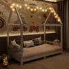 NCKMYB Eye-catching Design Twin Size House-Shaped Playhouse Bed with Roof and Height Guardrails,Wood Low Montessori Bed Frame with LED Light and Wood Slat Support,for Kids Teens Girls Boys view 1