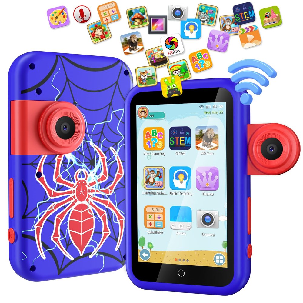 VATOS Kids Smart Phone Toy for Girls Boys 3 4 5 6 7 8 9 Years Old, 4" Large Touchscreen Spider Style Kids Cell Phone with Dual Camera, Music Player, Puzzle Game, 8GB Memory Learning Toy Birthday Gift