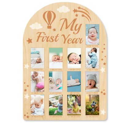 ORIGACH My First Year Baby Growth Photo Display Wood Board - 12 Months Newborn Milestones Picture Frame - Neutral Baby Keepsake Board 1st Birthday Party Nursery Decor New Mom Gift - Hot Air Balloon