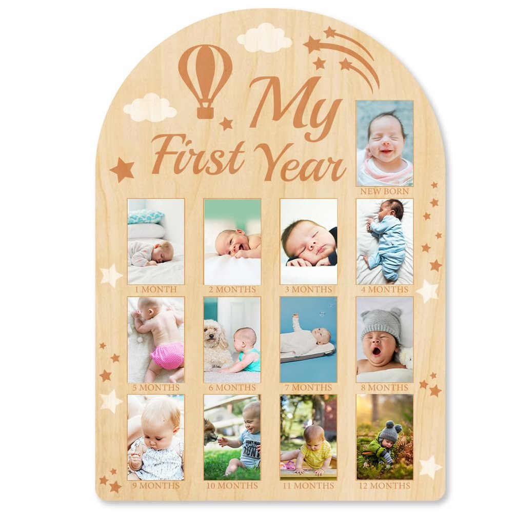 ORIGACH My First Year Baby Growth Photo Display Wood Board - 12 Months Newborn Milestones Picture Frame - Neutral Baby Keepsake Board 1st Birthday Party Nursery Decor New Mom Gift - Hot Air Balloon