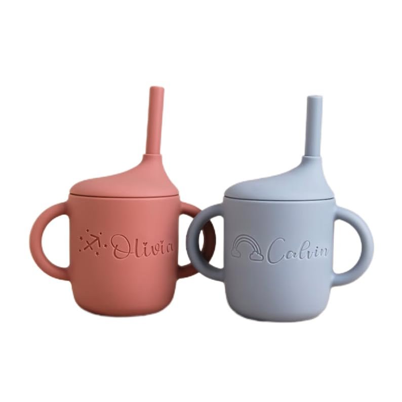 Customized Name Baby Silicone Straw Cup Food Grade Toddler Training Container Silicone Baby Cup With Straw And Lid 5 Styles To Mix And Match Best Gift For Newborns (B)