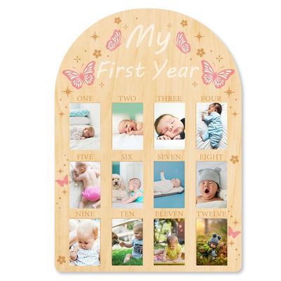 ORIGACH My First Year Baby Growth Photo Display Wood Board - 12 Months Newborn Milestones Picture Frame - Neutral Baby Keepsake Board 1st Birthday Party Nursery Decor New Mom Gift - Pink Butterfly
