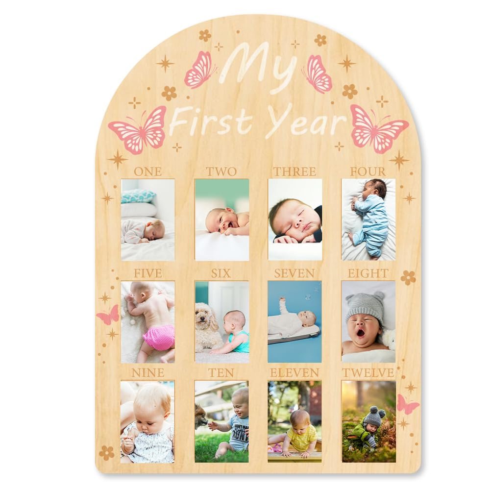 ORIGACH My First Year Baby Growth Photo Display Wood Board - 12 Months Newborn Milestones Picture Frame - Neutral Baby Keepsake Board 1st Birthday Party Nursery Decor New Mom Gift - Pink Butterfly