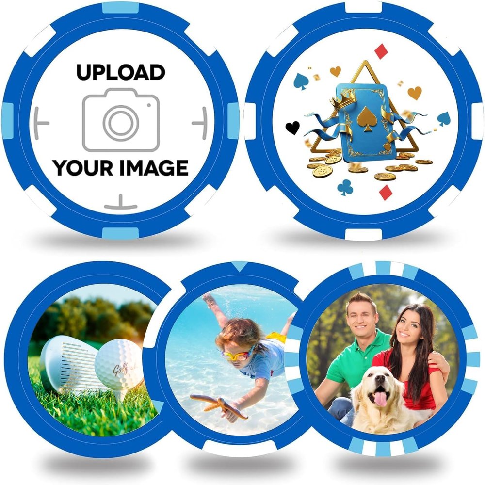 Your Poker Room Theme Custom Plastic Chips,5 Available in 9 Colors,Double Sided Full Color PrintPersonalized Logo,Put Image or Design on a chip (Blue, 37MM)