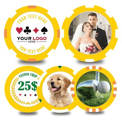 Custom Personalized Casino Grade Poker Chips Customizable Logos Image Text Colors Business Cards for Golf Unique Keepsake Gifts Promotional Activities Wedding Free Drink Tickets (Yellow 40MM)