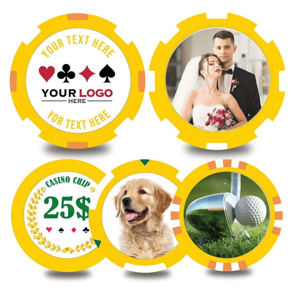 Custom Personalized Casino Grade Poker Chips Customizable Logos Image Text Colors Business Cards for Golf Unique Keepsake Gifts Promotional Activities Wedding Free Drink Tickets (Yellow 40MM)