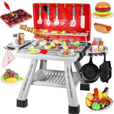 2026 Kids Kitchen Playset Toy Grill BBQ with Smoke Light Pretend Play Food Toys Cooking Set 2-Layer Barbecue Gifts for Toddler Boys Girls 3-5 6 7