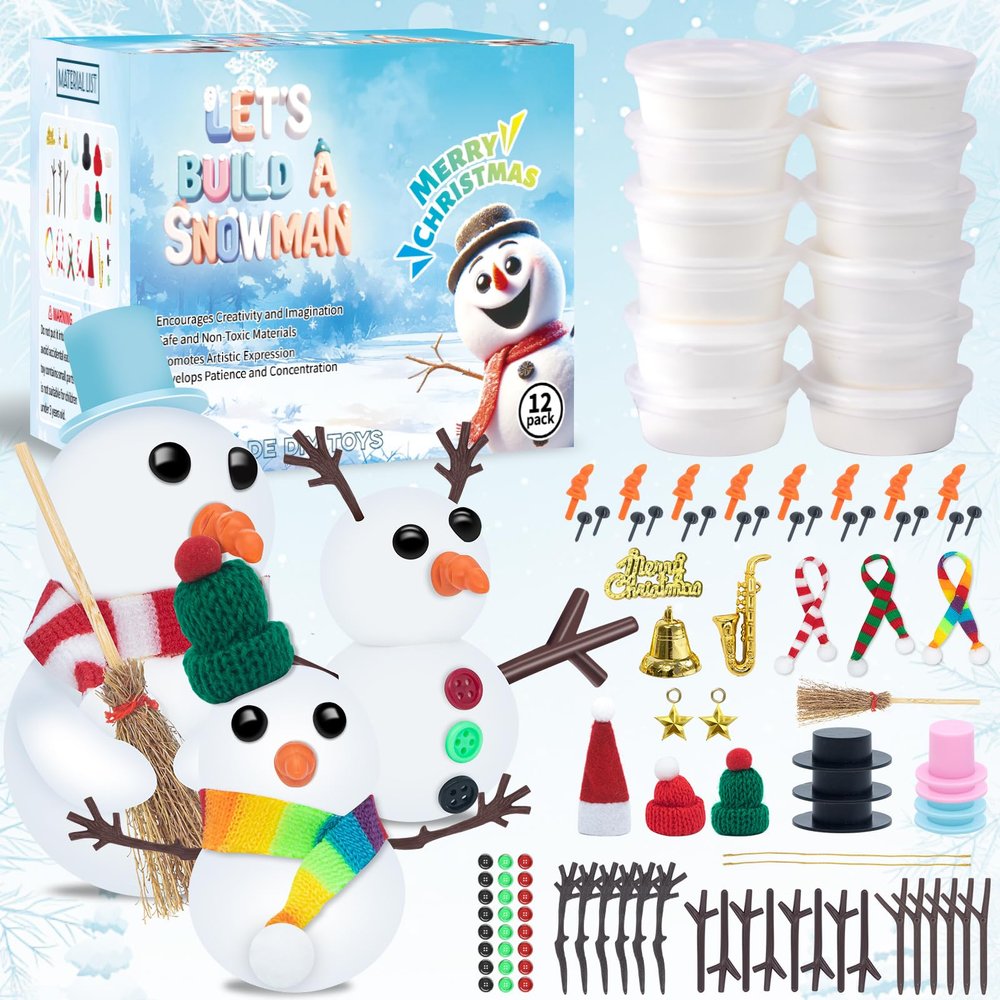 DSDFDS 12 Pack Christmas Craft - DIY Snowman Making Set for Kids, Creative Air Dry Modeling Clay, Build a Snowman Kit for Christmas Decorations Gifts Xmas Activities Holiday Favor Supplies