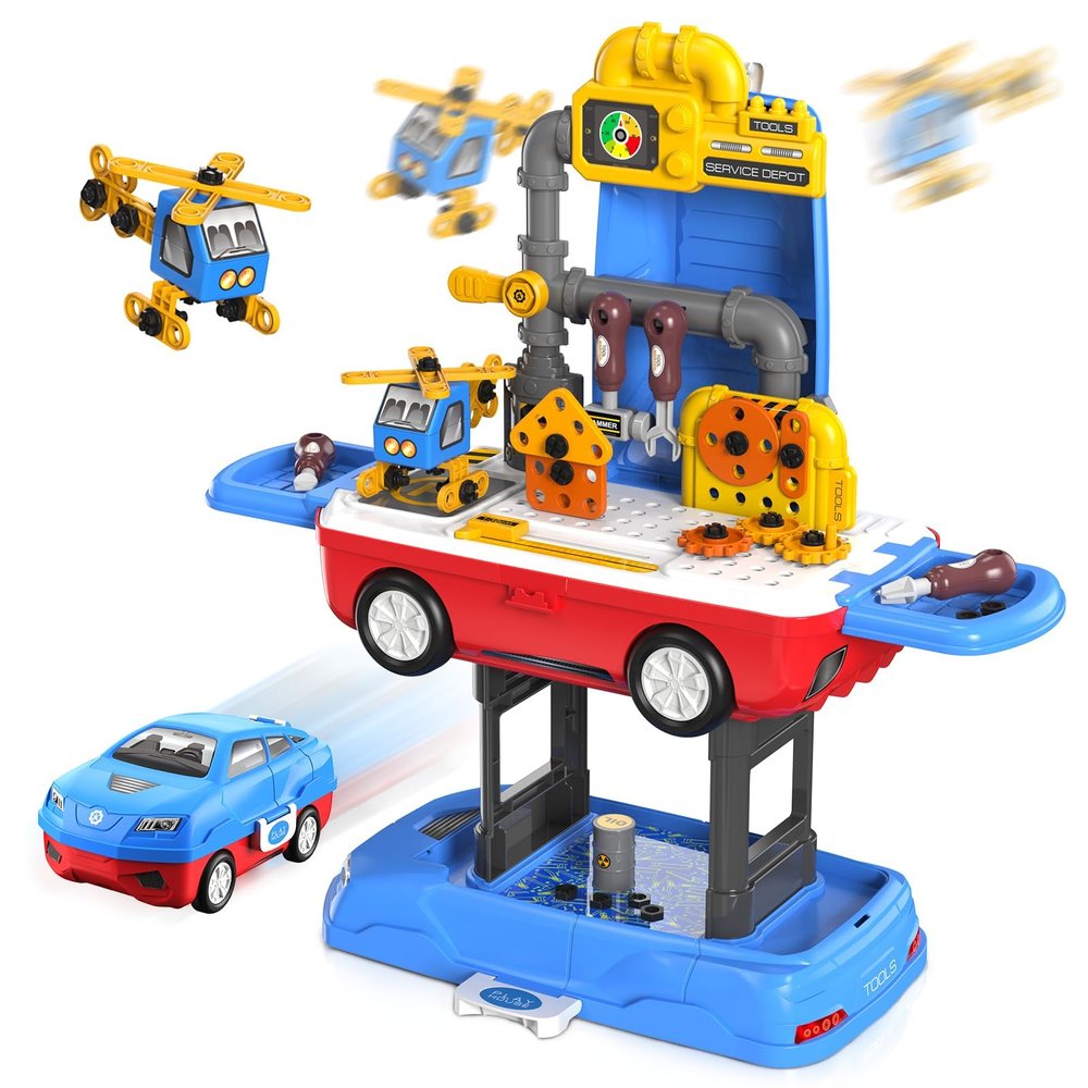 FunMission Kids Tool Set, Work Tool Bench with 69 Realistic Toy Tools And Accessories, Xmas Gift Transformable Tool Set, Toddler Bench Pretend Play Learning & Tool Set for Toddlers Boys & Girls Age 3+