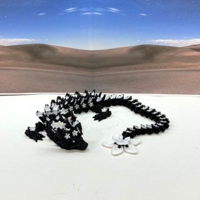 3D Printed Black Cherry Blossom Dragon, Articulated 12" Black Dragon, Fidget ADHD Autism Toy, Executive Home Desk Toy BLK-DR (Black and White)