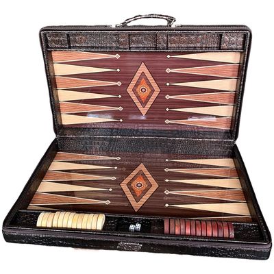 18-inch Premium Leather Backgammon Set for Adults, Handmade Crocodile Pattern Faux Leather Covering Vintage Board Game Bag Gift Ideas for Dad, Him
