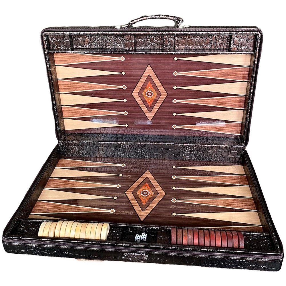 18-inch Premium Leather Backgammon Set for Adults, Handmade Crocodile Pattern Faux Leather Covering Vintage Board Game Bag Gift Ideas for Dad, Him