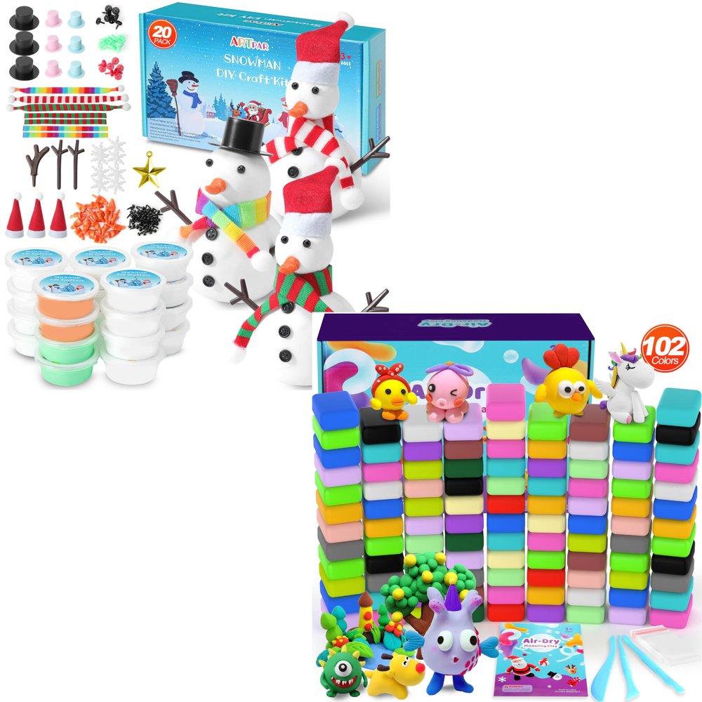 ARTPAR 20 Piece Kids Snowman Craft Set with Air Dry Clay 102 Colors, Kids DIY Christmas Crafts, Christmas Activity Snowman Making, DIY Modeling Clay Set, Gifts for 3-12 Boys and Girls