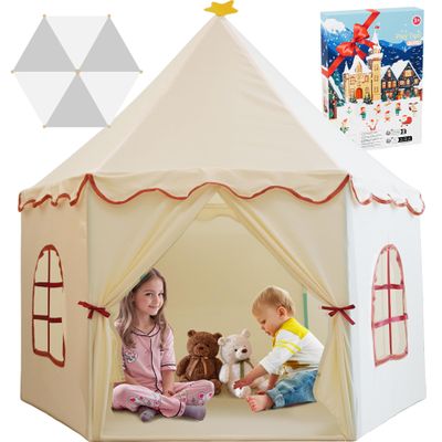 Large Girls Play Tent Princess, Boys Castle Kids Playhouse Indoor Outdoor Toddler Teepee | American Style Design, Age 3-8| Detailed Instructions| Colorful Package| Christmas Birthday Gift Beige