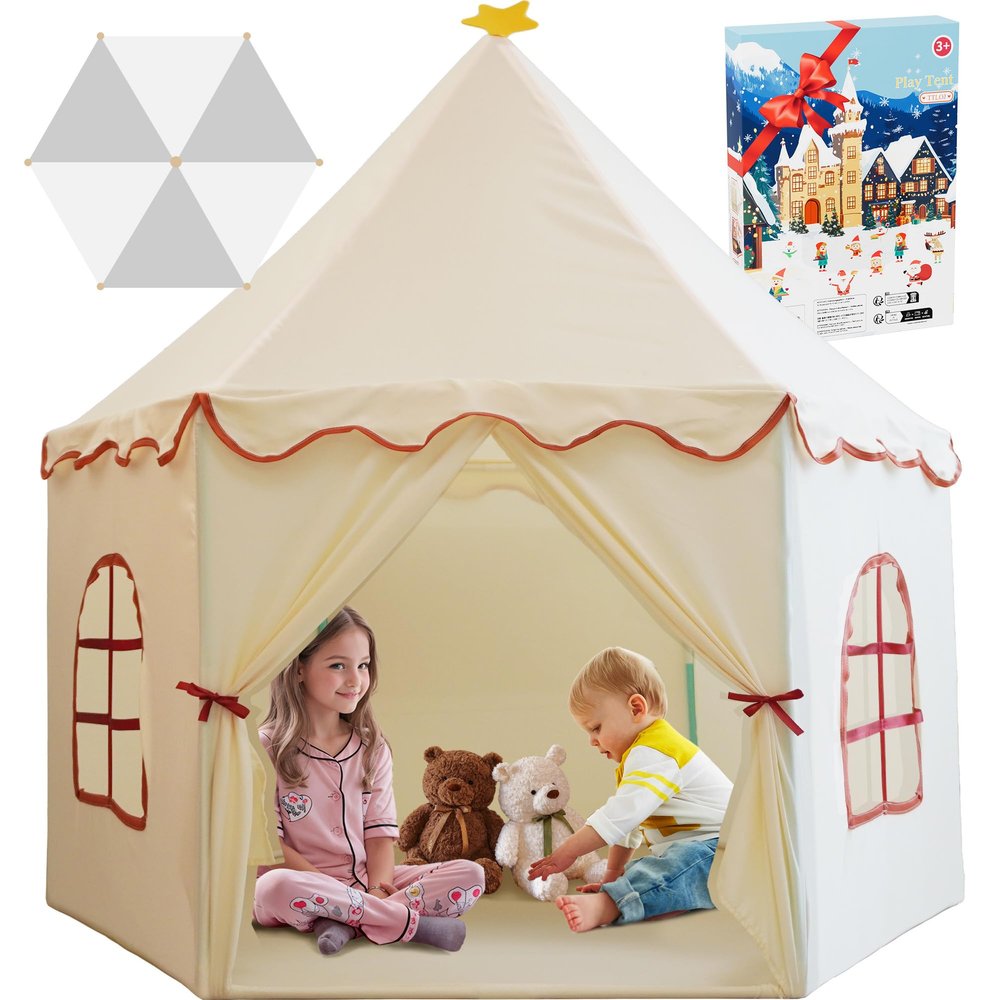 Large Girls Play Tent Princess, Boys Castle Kids Playhouse Indoor Outdoor Toddler Teepee | American Style Design, Age 3-8| Detailed Instructions| Colorful Package| Christmas Birthday Gift Beige