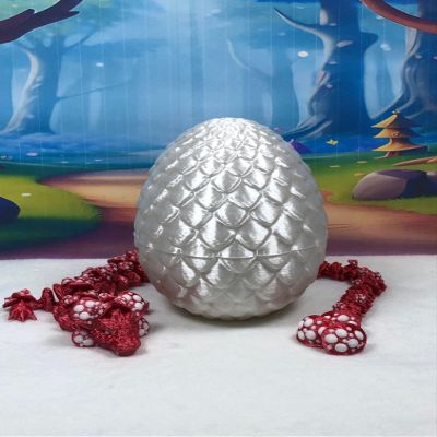 3D Printed Dragon with Dragon Egg, 12" Red and White Mushroom Dragon, Fidget ADHD Autism Toy, Executive Desk Toy D037-WE