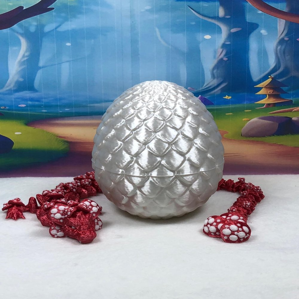 3D Printed Dragon with Dragon Egg, 12" Red and White Mushroom Dragon, Fidget ADHD Autism Toy, Executive Desk Toy D037-WE
