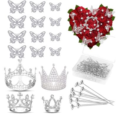 Flower Bouquet Accessories Including 4Pcs Crown Cake Topper Mini Tiara,12 Butterfly Decorations and 50Pcs Bouquet Pins for Birthday Wedding
