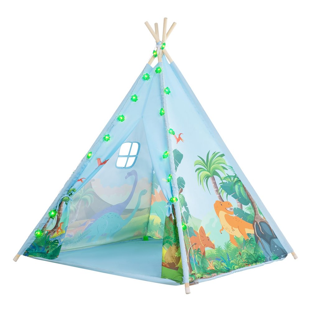 BRINJOY Teepee Tent for Kids, Toddlers Dinosaur Play Tent with LED String Lights, Foldable Children Teepee Tent Toy w/Storage Bag, Indoor Outdoor Pretend Playhouse Gift for Boys Girls Ages 3+