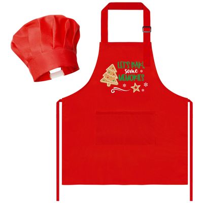R HORSE Christmas Kid Apron and Chef Hat Set, 2Pcs Adjustable Children Xmas Red Kitchen Apron Dress up Role Play Chef Toy Cooking Baking Painting and Training Kits Christmas Gift for Kids
