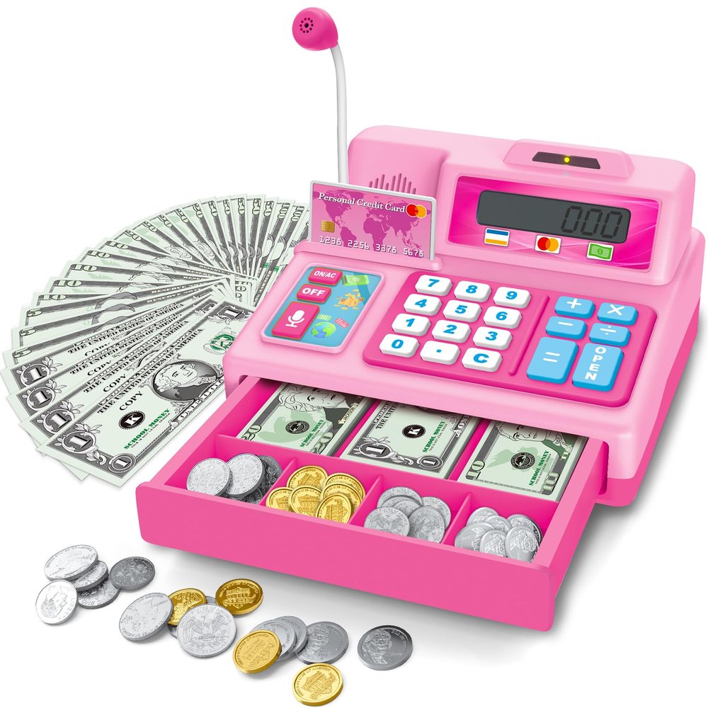 Bstoyder Calculator Cash Register Toy Gift for Kids Age 3, 4, 5, 6, 7, 8+ Year Old, 103 Pcs Grocery Store Playset with Microphone, Credit Card, Pink Cash Register Toy for Toddlers Kids 4-8
