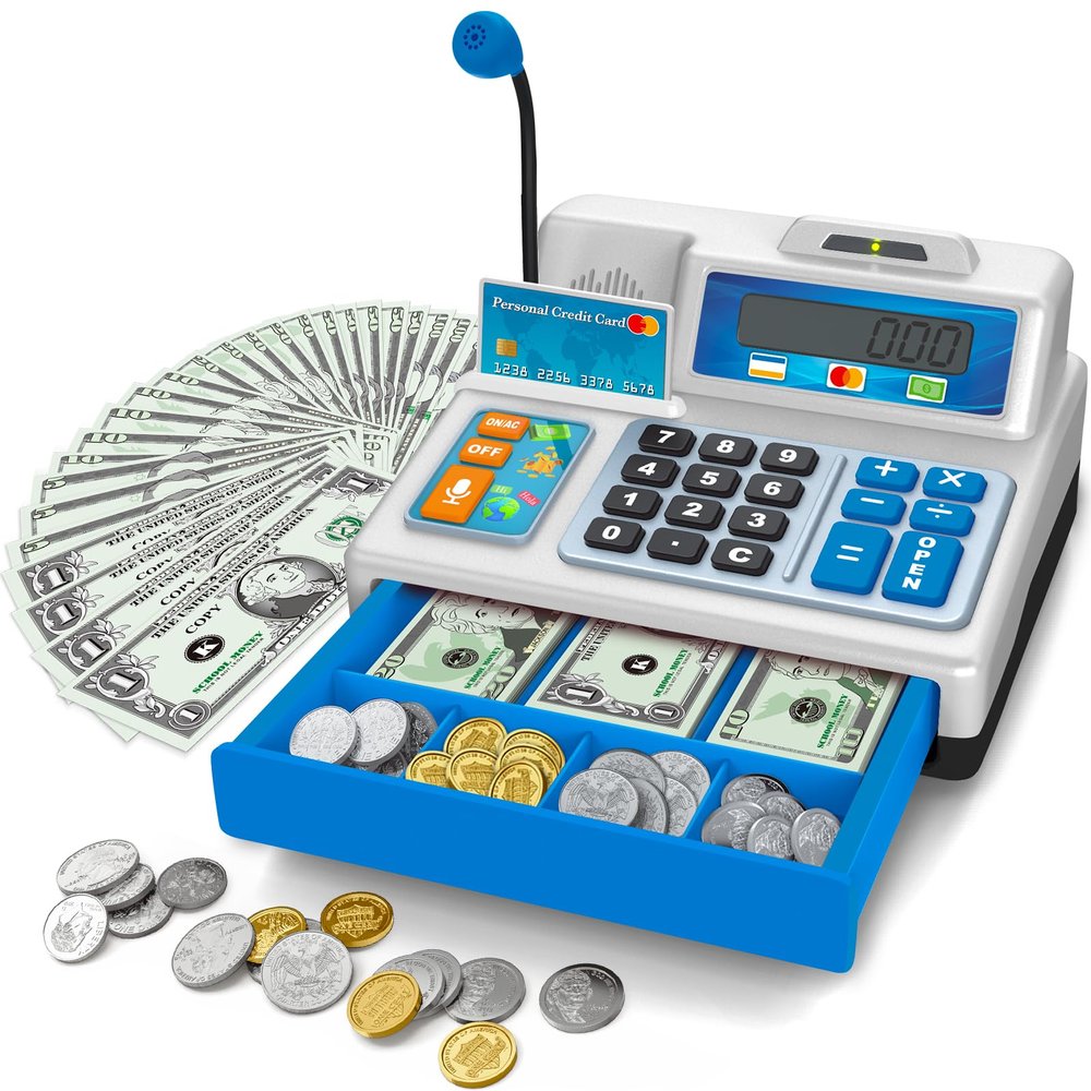 Calculator Cash Register Toy Gift for Kids Age 3, 4, 5, 6, 7, 8+ Year Old, 103 Pcs Grocery Store Playset with Microphone, Credit Card, Cash Register for Toddlers Kids 4-8