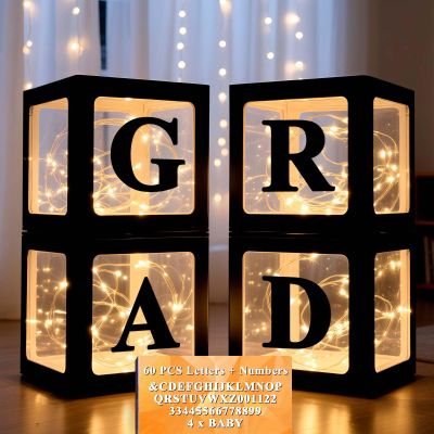 Ledido 2026 Graduation Balloon Boxes Decorations, 4 Pieces Black Clear Grad Balloon Boxes with Letters & Fairy Lights, Class of 2026 Graduation Party Supplies for College, Prom, Birthday, Baby Shower