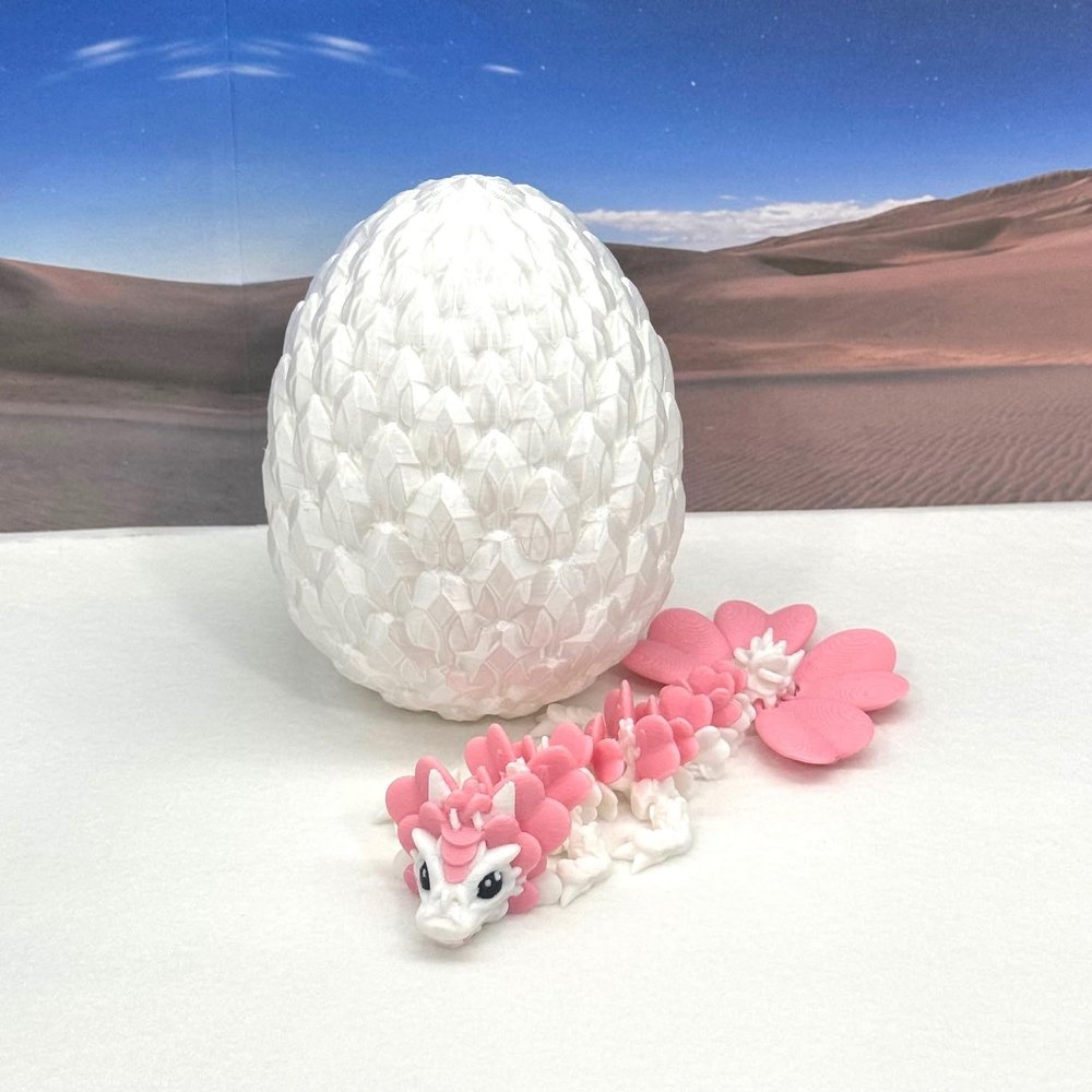 3D Printed Baby Dragon with Dragon Egg, Articulated White and Pink Clover Dragon, Fidget Toy for Autism ADHD BD007-CLO
