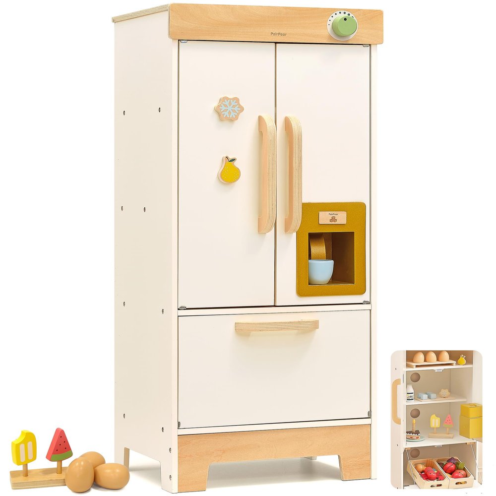 PairPear Wooden Toy Fridge for Kids Kitchen, Toddler Pretend Play Refrigerator with Real IceDrop, Magnetic Stickers, Kids Toy Food Play Kitchen Accessory Gift for Boys & Girls Age 3+