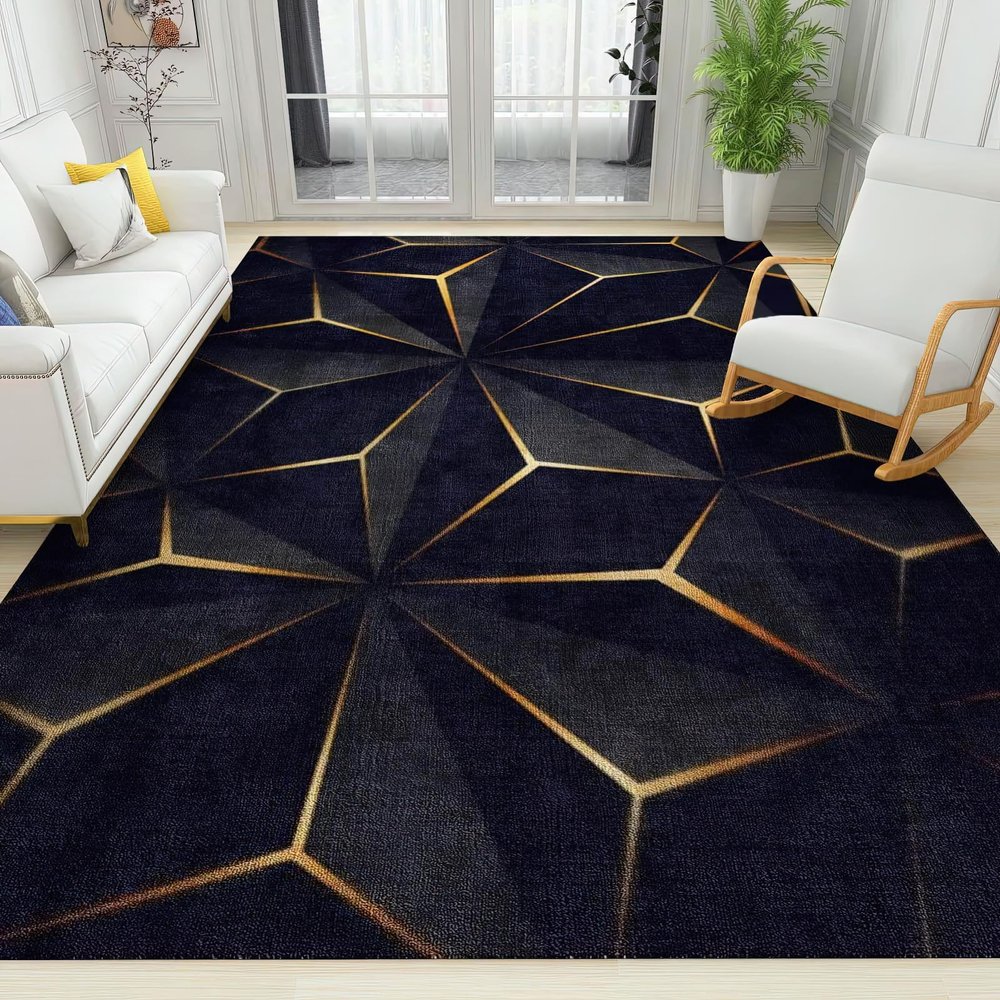 TIMOILU 4x5 Area Rugs Abstract Geometry Black Gold Small Rugs for Bedroom, Low Pile are Not Stumbling Foot Kids Rugs for Playroom Living Room End Table Nursery
