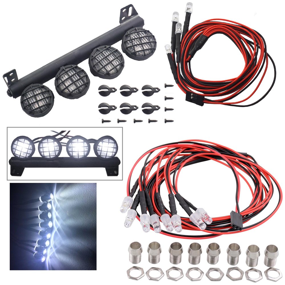 8Leds LED Light Headlights Taillight Kit Accessories & RC 4Led LED Light Bar Headlight Metal Roof Lamp