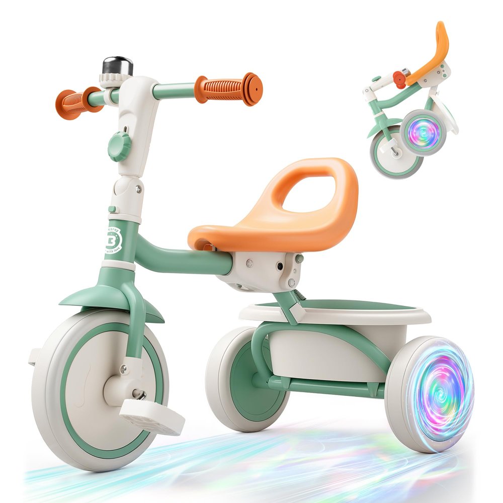 besrey Kids Tricycle with Flash Wheels for Ages 18 Months to 5 Years, Toddler Tricycle with Bell, Kids Tricycle, Gift for 2-5 Year Olds, Gift and Toy for Boys and Girls, Tricycle for Toddlers, Green