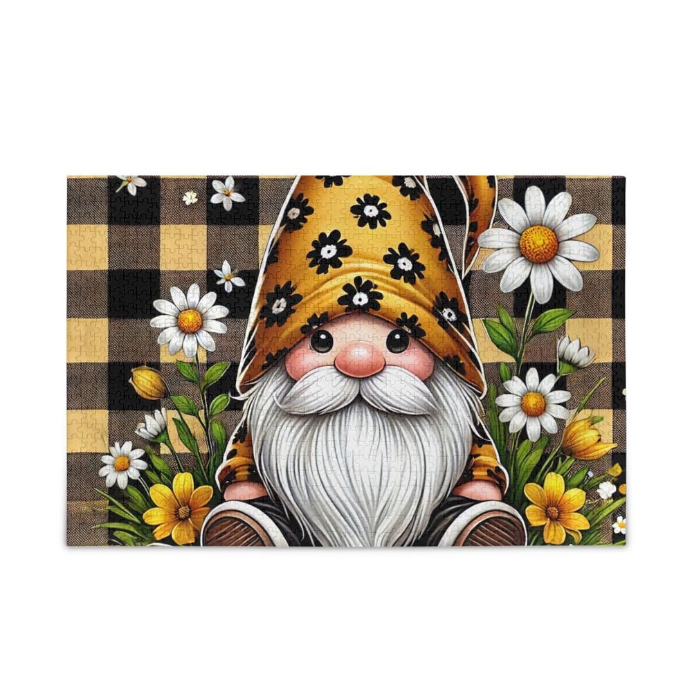 1000 Pieces Jigsaw Puzzle Gnome with Daisy Flowers Plaid Challenging Puzzle Game Funny Puzzle for Adults Kids