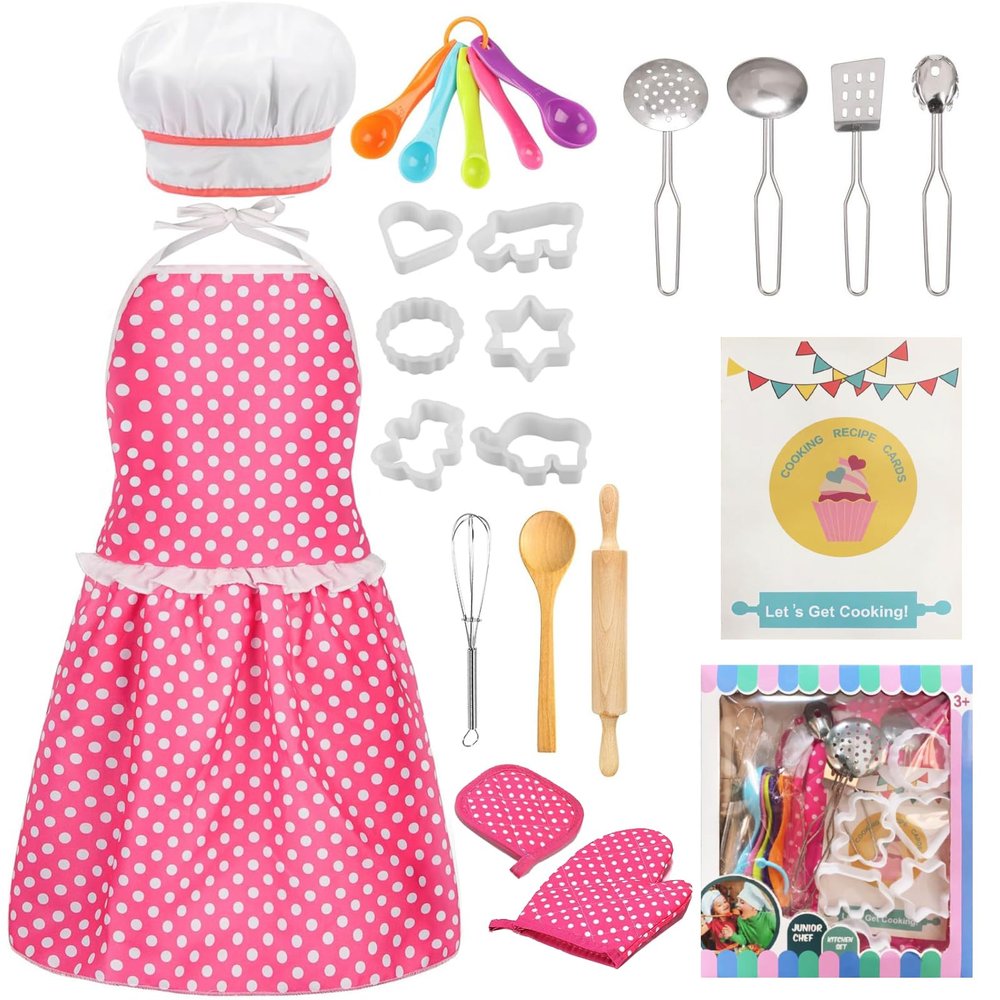 MEIDAYAI Kids Cooking Baking Set , Kids Kitchen Pretend Play Toys, Children Chef Role Play Costume Set - Chef Hat and Matching Pink Apron, Birthday Xmas Gifts for 3-8 Year Old Girls Toys