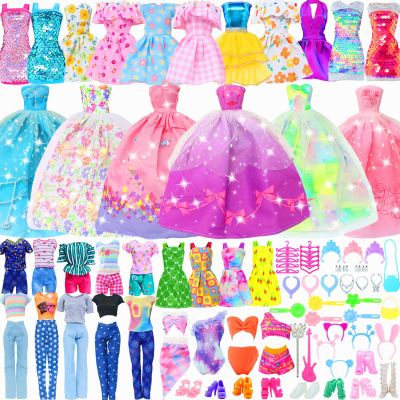 BJDBUS 50 Pcs Doll Clothes and Accessories, 2 Wedding Gowns 4 Fashion Dresses 2 Tops 2 Pants Outfits 2 Swimsuits Bikini 10 Shoes 10 Hangers 17 Accessories Stuffers for 11.5 inch Girl Doll
