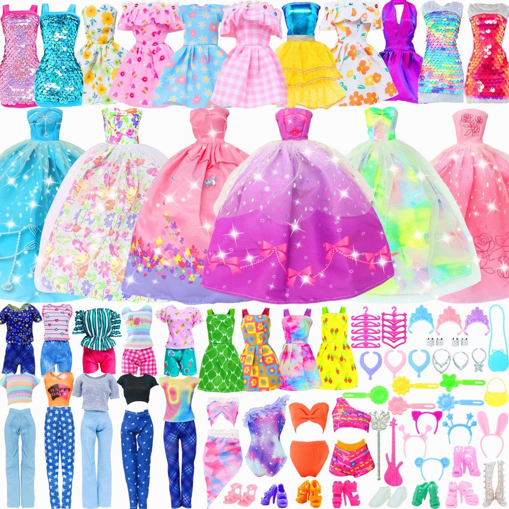 BJDBUS 50 Pcs Doll Clothes and Accessories, 2 Wedding Gowns 4 Fashion Dresses 2 Tops 2 Pants Outfits 2 Swimsuits Bikini 10 Shoes 10 Hangers 17 Accessories Stuffers for 11.5 inch Girl Doll