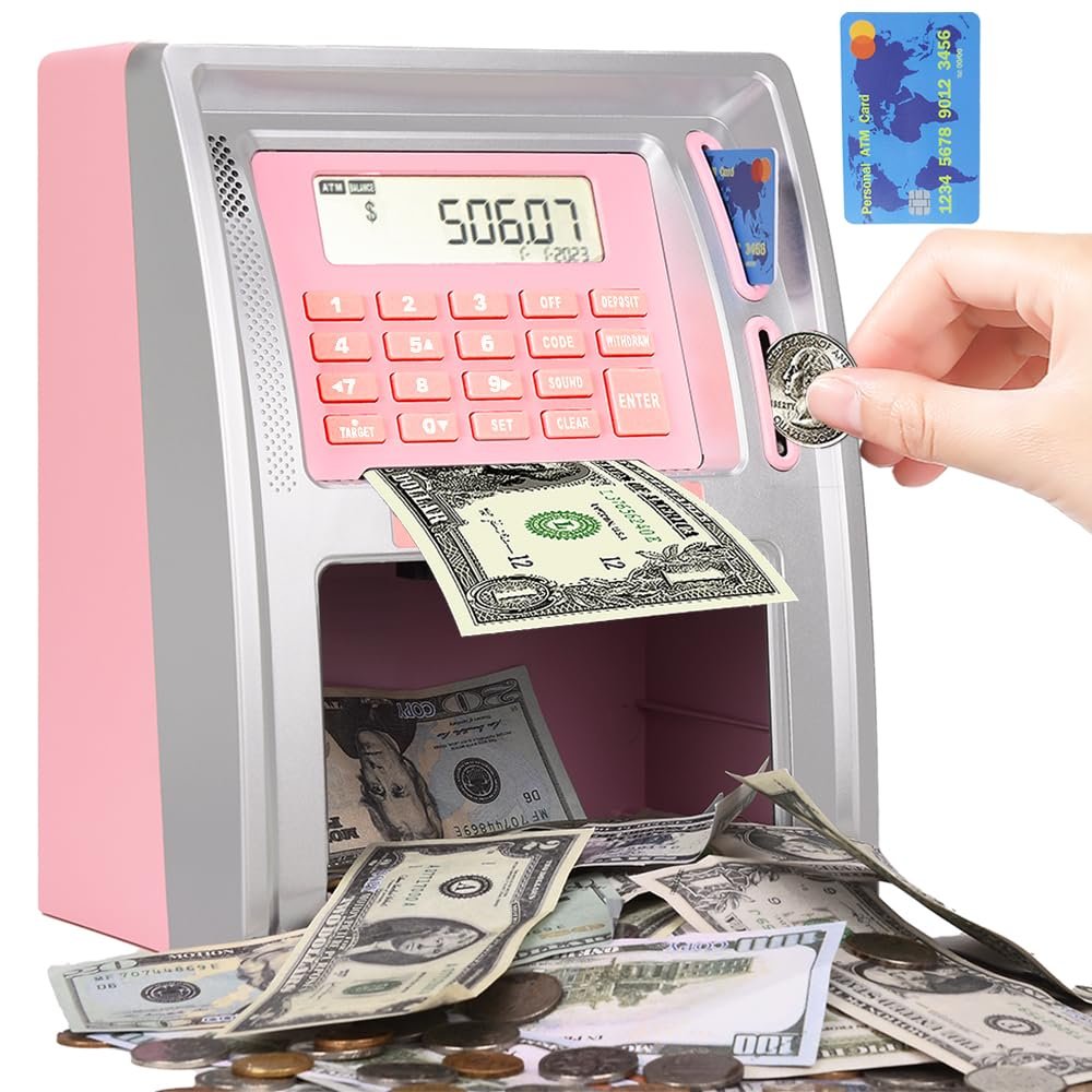 2025 Upgraded ATM Piggy Bank for Real Money, Talking ATM Bank for Kids, Money Bank with Card, Password, Coin Recognition, Bill Feeder, Balance Calculator, Gift for Teen Boys Girls