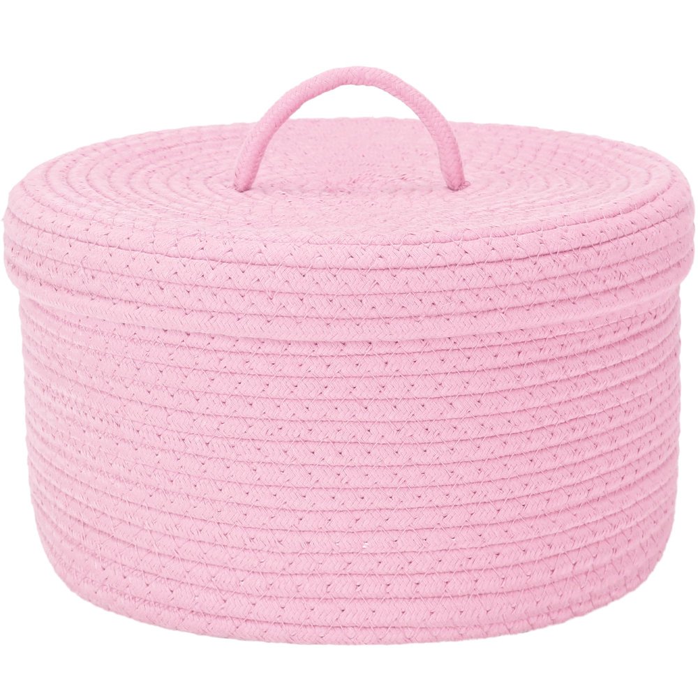 Sea Team Round Cotton Rope Storage Basket with Lid, Lidded Woven Storage Bin, Nursery Storage Container, Diaper Caddy, Baby Shower Basket, Box, Organizer, 11.8 x 11.8 x 6.7 Inches (Medium, Pink)