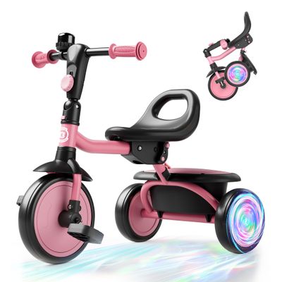 besrey Colorful Lighting Toddler Tricycle for Ages 18 Months to 5 Years, Toddler Bike with Bell, Kids Tricycle, Gift for 2-5 Year Olds, Toy for Boys and Girls, Tricycle for Toddlers, Pink