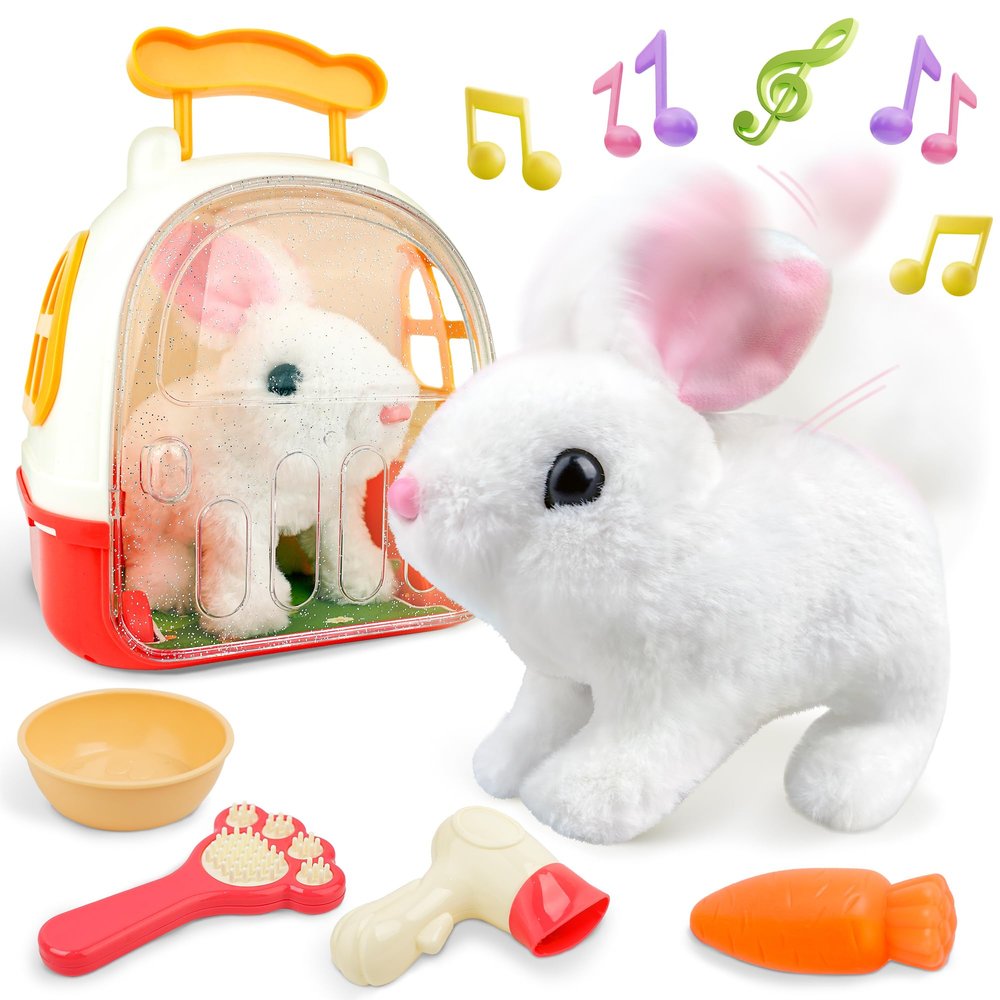 SMILESSKIDDO Jumping Rabbit Toys for Girls - Electronic Hopping Bunny with Wiggle Ears & Nose, Storage Cage and Accessories, Interactive Pet Gifts for Toddlers 1 2 3 4 5 6 Year Old
