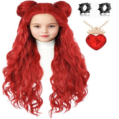 AMZCOS Kids Costume Wig with Buns and Red Necklace Earrings Long Wavy Hair Wigs for Girls Halloween Cosplay