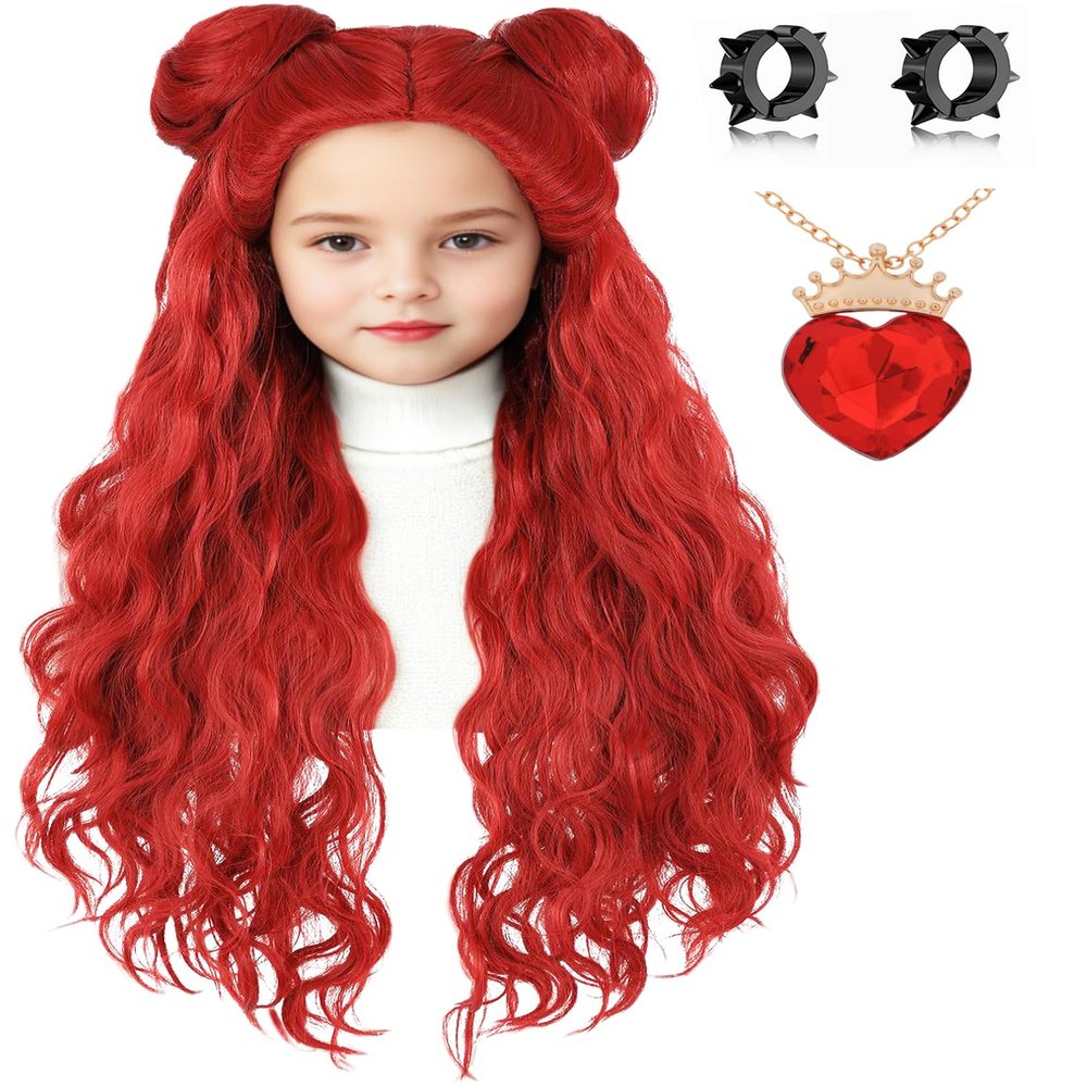 AMZCOS Kids Costume Wig with Buns and Red Necklace Earrings Long Wavy Hair Wigs for Girls Halloween Cosplay