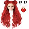 AMZCOS Kids Costume Wig with Buns and Red Necklace Earrings Long Wavy Hair Wigs for Girls Halloween Cosplay view 1