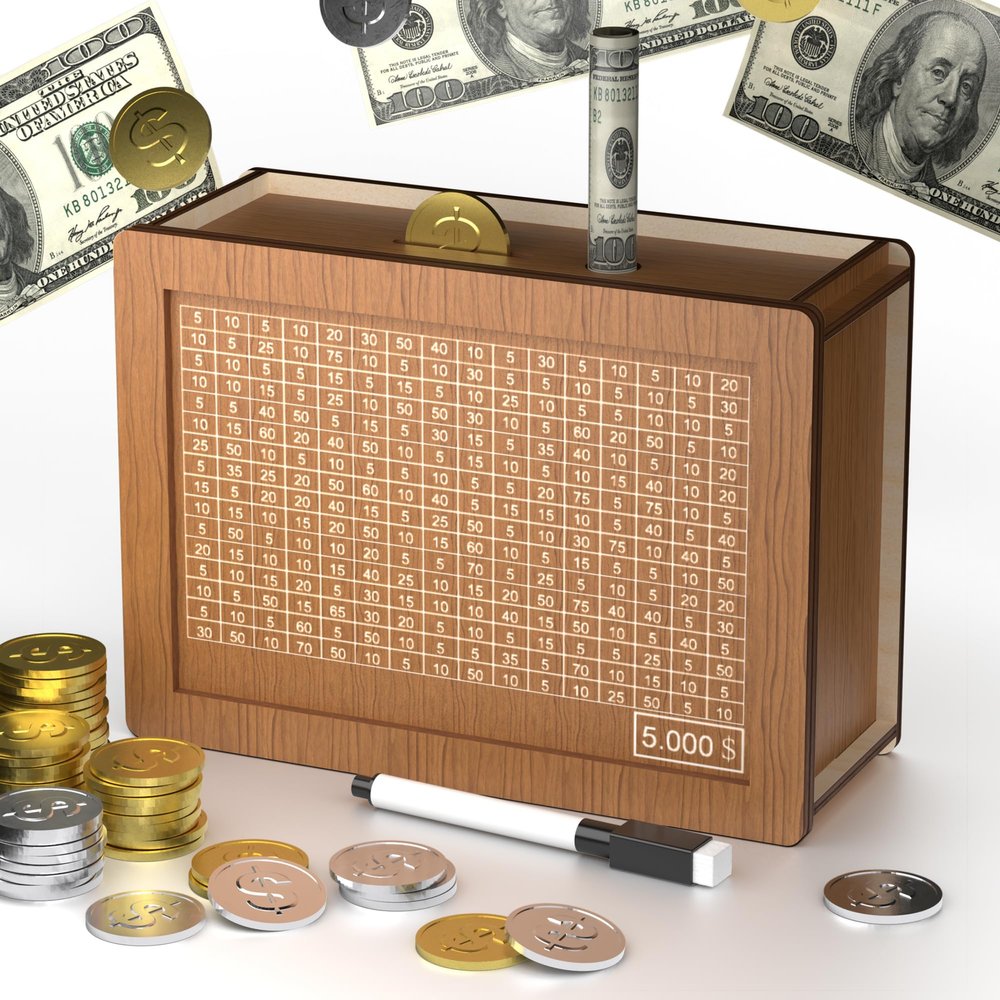 5000 Savings Challenge Box, Wooden Money box for cash saving, Kakeibo Money Saving Box with Numbers, Cash Vault Wooden Saving Box, Wooden piggy bank with Erasable Pen, Alcancias De Dinero Para Adultos