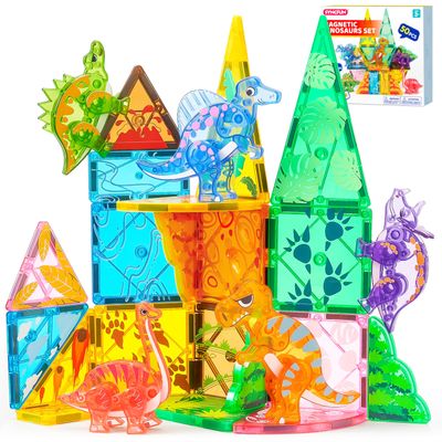 SYNCFUN Magnetic Building Tiles Dinosaur Set for Kids, 50PCS Including 5 Cute Dinosaurs, Educational STEM Toy for Boys & Girls Ages 3-5 4-8, Christmas Birthday Party Gift for Toddlers