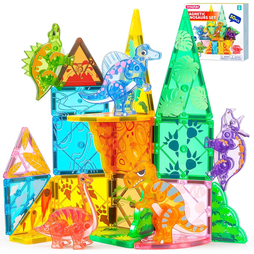 SYNCFUN Magnetic Building Tiles Dinosaur Set for Kids, 50PCS Including 5 Cute Dinosaurs, Educational STEM Toy for Boys & Girls Ages 3-5 4-8, Christmas Birthday Party Gift for Toddlers