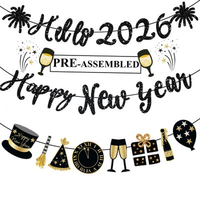 Happy New Year Banner Black Glitter Pre-Strung Hello 2026 NYE Banner New Years Sign Happy New Year Garland For New Years Eve Party Supplies Decorations 2026