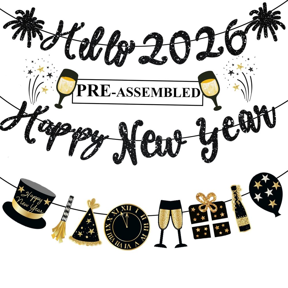 Happy New Year Banner Black Glitter Pre-Strung Hello 2026 NYE Banner New Years Sign Happy New Year Garland For New Years Eve Party Supplies Decorations 2026